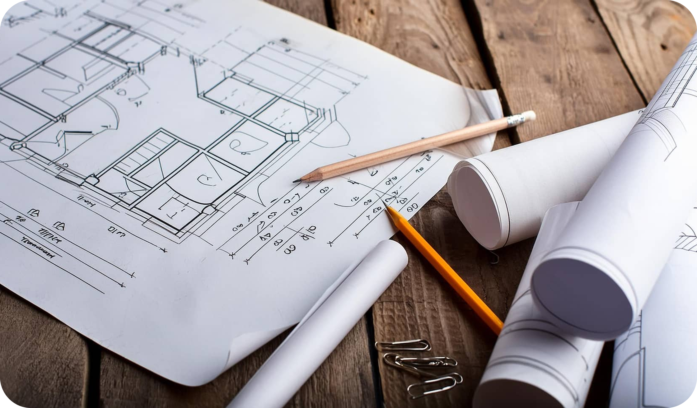 木製デスクに広げられた建築図面と鉛筆、製図用紙のロール